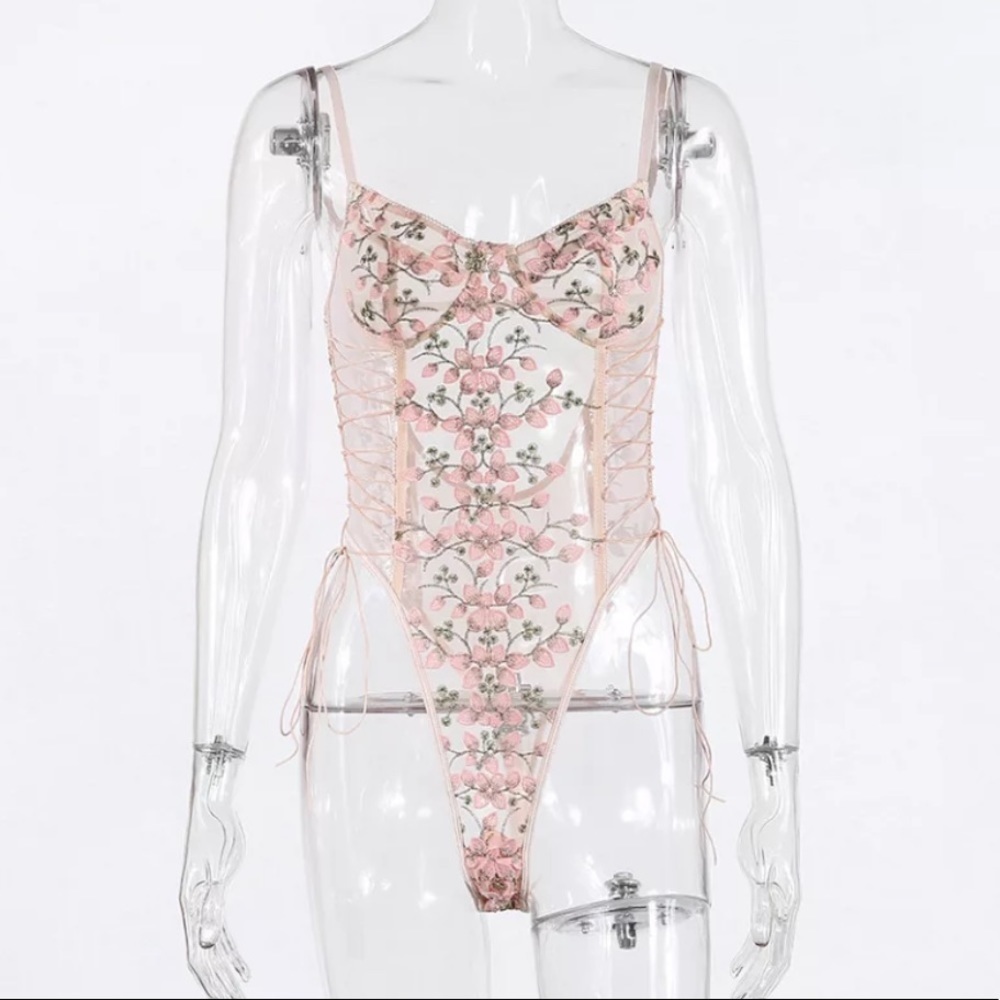 Lace Mesh Floral One Piece Bodysuit Lingerie Top - Picture 10 of 16